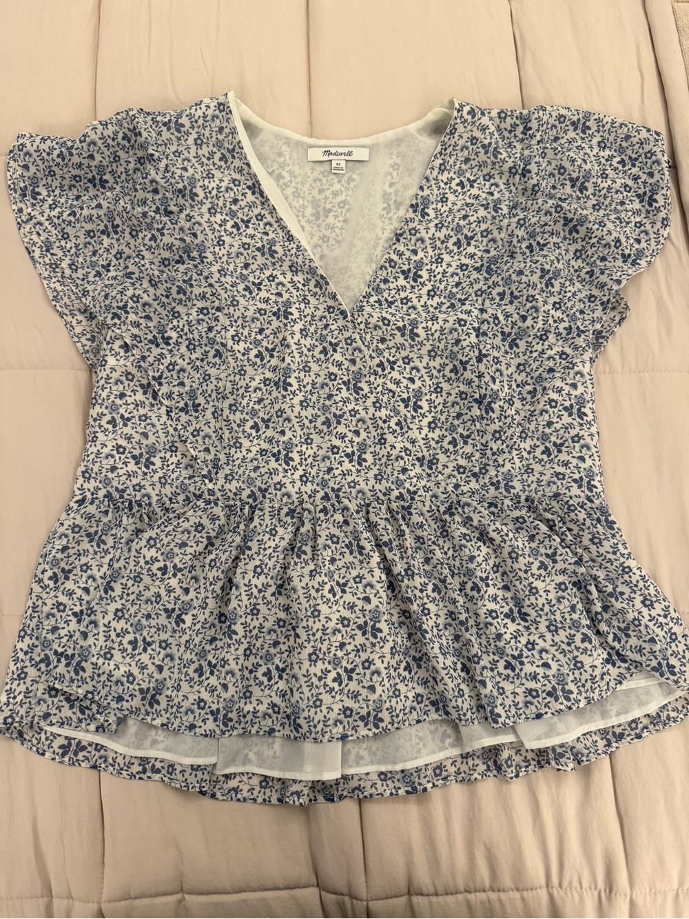Madewell White and Blue Floral V-Neck Peplum Blouse